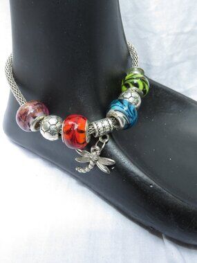 Sterling Silver Dragonfly Charm Anklet Glass Beads Silver Multicolor 8 In 925